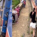 Girl makes reel in moving train nearly falls