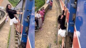 Girl makes reel in moving train nearly falls