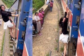 Girl makes reel in moving train nearly falls